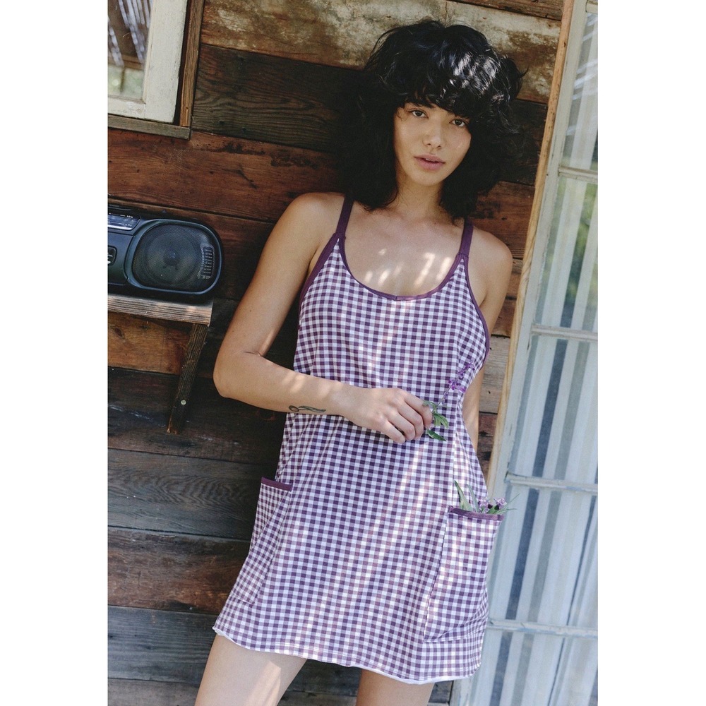 Free People FP Movement Women's HotShot Mini Dress Black Cherry Gingham Sz M